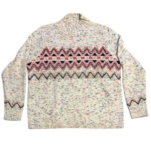 LOFT Flecked Fair Isle Mock Turtleneck Sweater White Multi Size L